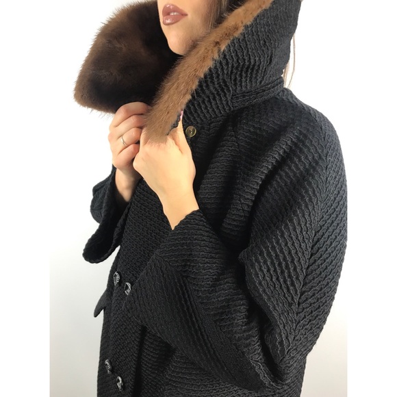 Vintage Jackets & Blazers - 1950s MICHEL DANIEL PARIS black wool coat w/ mink